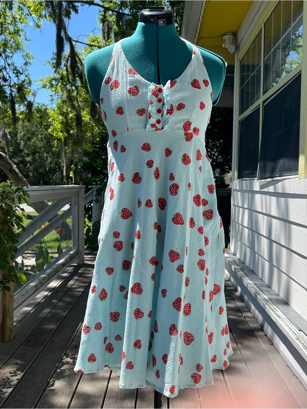 Viola: Vintage Blue Strawberry Print Halter Sundress. Size 2 (Small).